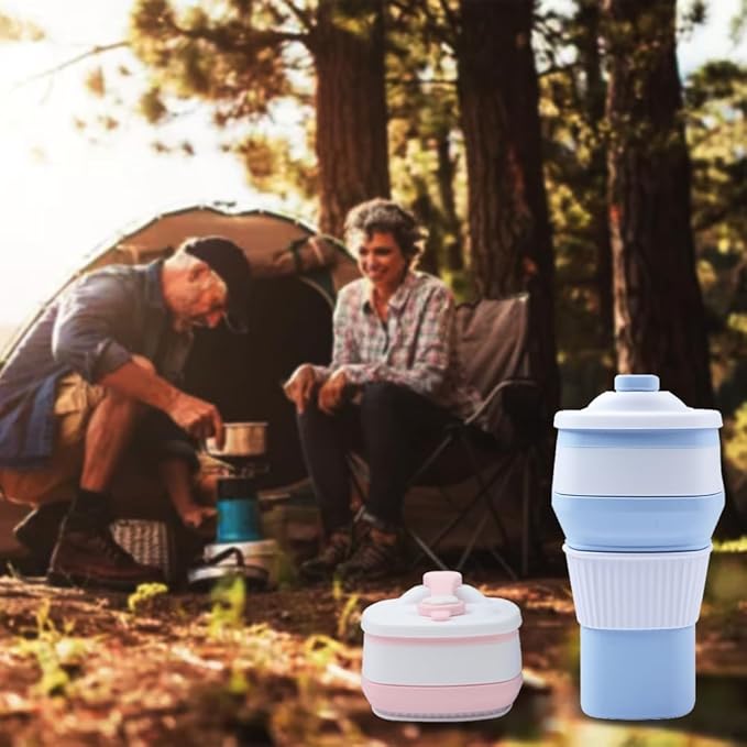 Collapsible Travel Coffee Cups Set of 2 - Silicone Foldable Mugs with Leakproof Lids, BPA Free, Microwave and Dishwasher Safe - 10oz (300ml) for Travel, Office, Camping