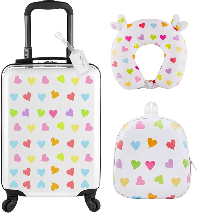 Sanwuta 4 Pcs Kids Luggage Set Rolling Suitcase Backpack U-shaped Pillow Kids Carry On Gift for Summer Travel Family Trip(20 Inch,Heart Style,White)
