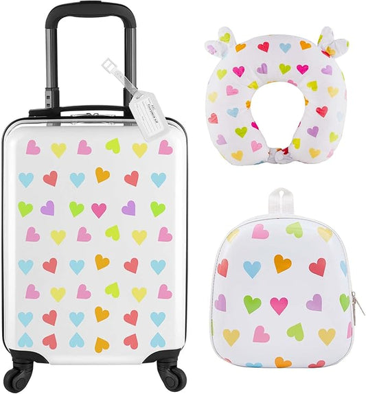 Sanwuta 4 Pcs Kids Luggage Set Rolling Suitcase Backpack U-shaped Pillow Kids Carry On Gift for Summer Travel Family Trip(20 Inch,Heart Style,White)