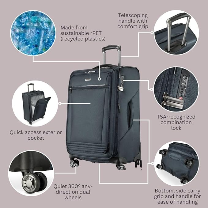 Ricardo Beverly Hills Avalon Softside Medium Check-In Luggage Made with Sustainable 100% Recycled PET (rPET), Lightweight, Eco-Friendly Travel, Expandable, Dual Spinner Wheels, Storm Blue, 24-inch