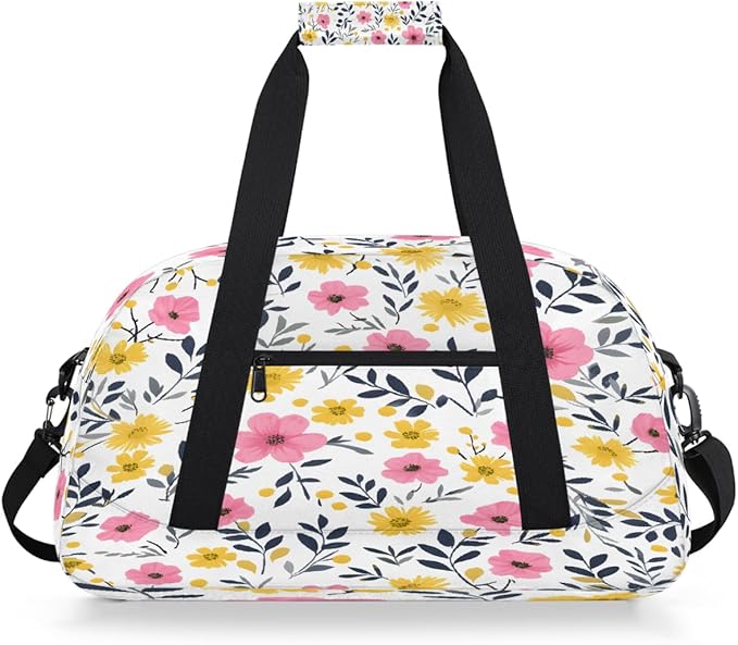 Gym Bag for Women Men, Pink Yellow Floral Travel Duffle Bags for Dance Ballet Overnight, Carry-On Weekender Bag with Detachable Shoulder Strap