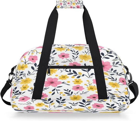 Gym Bag for Women Men, Pink Yellow Floral Travel Duffle Bags for Dance Ballet Overnight, Carry-On Weekender Bag with Detachable Shoulder Strap
