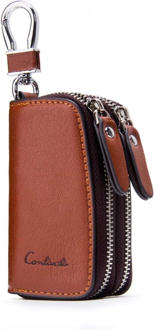 CONTACTS Car Key Case Small Leather Double Zipper Key Holder with 4 Keyrings Keys Organizer for Men Women
