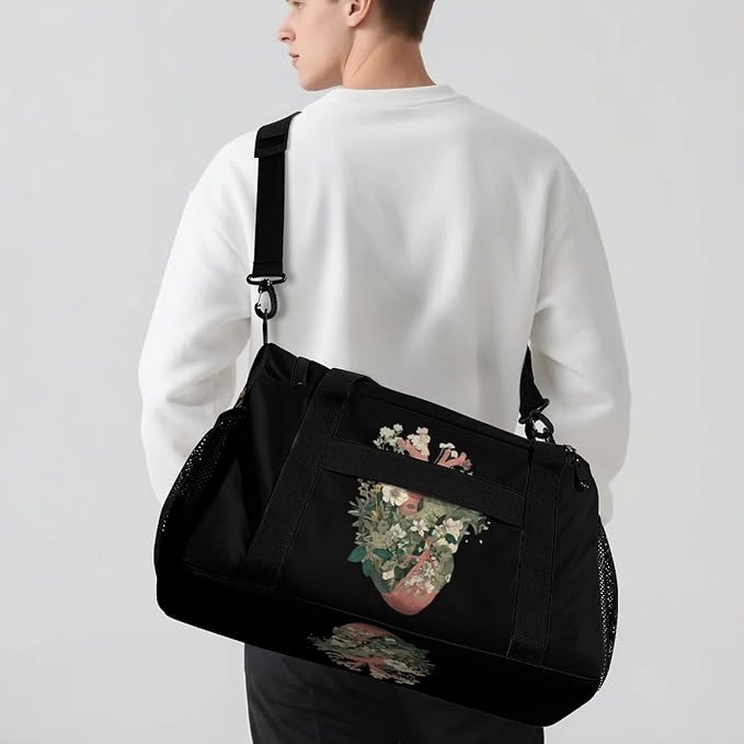 Botanical Heart Duffle Bag Gym Bag for Workout Travel Tote with Detachable Straps