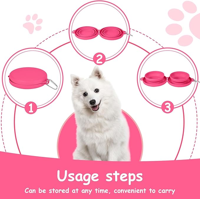 Collapsible Dog Water Bowl 2 in 1 Foldable Pet Food and Water Bowl Portable Cats Dishes with Carabiner Clip for Traveling Hiking Camping Walking (Pink)