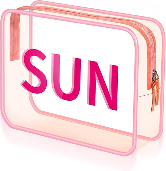 Sun Clear Beach Makeup Bag 9.5" x 7" x 3.5" Large Cosmetic Pouch Pink Travel Toiletry Bag PVC Waterproof Transparent Zippered Organizer for Women Girl Summer
