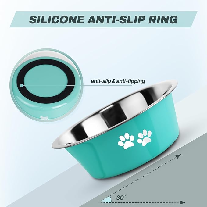 Stainless Steel Dog Bowls, Nonslip Rubber Bottom No Spill Proof Skid Metal Insulated Dog Bowls for Large Medium Small Breed Dogs (Green, 6.6 Cups/53 OZ)