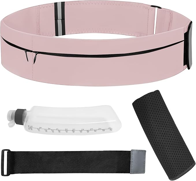 Running Belt for Women Men with Water Bottle & Cooling Towel,Waterproof Running Bag with Adjustable Extension Strap & 3 pocket, Reflective Belt Waist Pack for Hiking, Jogging & Travel (Pink, Medium)
