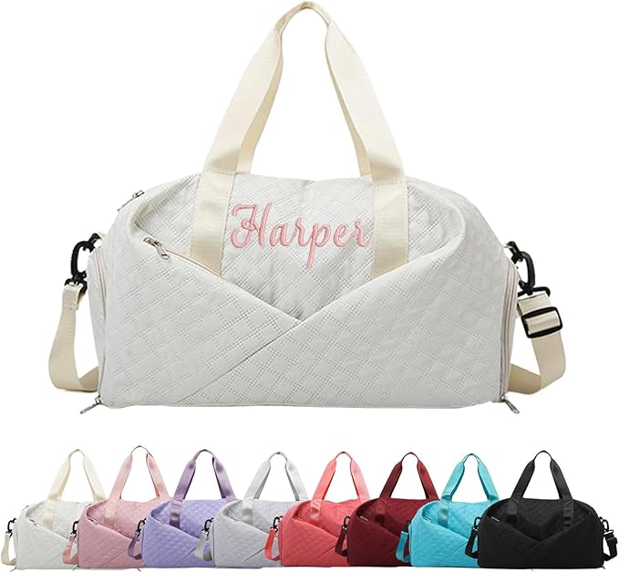Personalized Travel Duffle Bag for Women with Embroidered Name Custom Sport Gym Weekender Overnight Carry On Tote Luggage Bag with Shoe Compartment Dance Bags for Girls Customized Gifts White