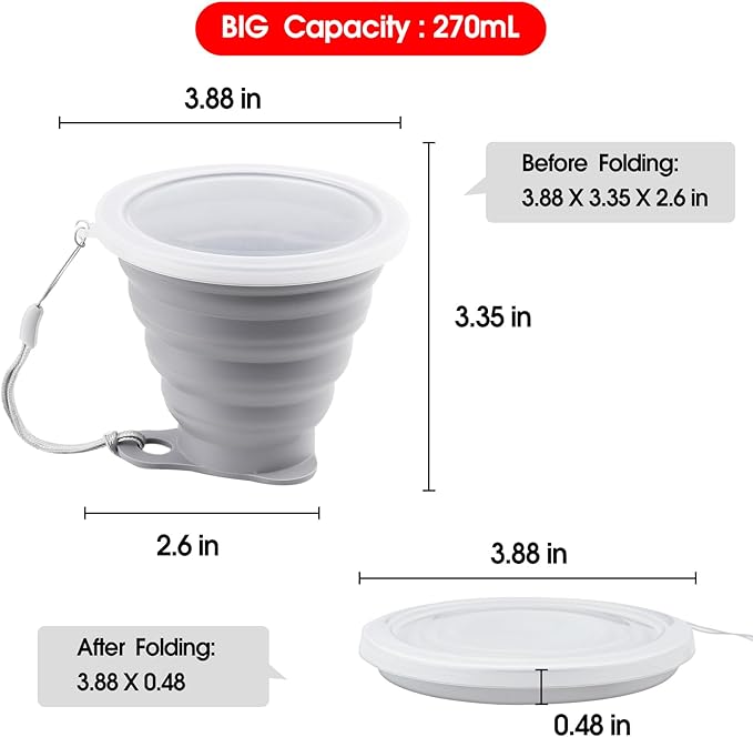 Silicone Collapsible Cups for Camping Travel, Small Portable Drinking Cup with Lids Reusable for Outdoor Hiking 270ml (Blue/Gray, 2 Pack)