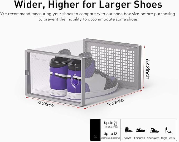 Kuject X-Large Shoe Storage Boxes Organizers Clear Plastic Stackable 12 Pack, Shoe Rack & Holder Substitute, Sneaker Containers, Toy Storage Organizer Bins for Entryway, Closet, Under Bed, Grey