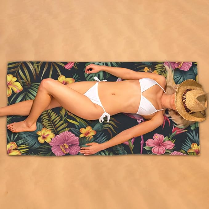 Flamingo Tropical Flowers Beach Towel, Large Microfiber Quick Dry Lightweight Pool Bath Towels Sand Free Beach Blanket for Summer Cruise Yoga Camping Travel Vacation Essentials 31 x 61 in