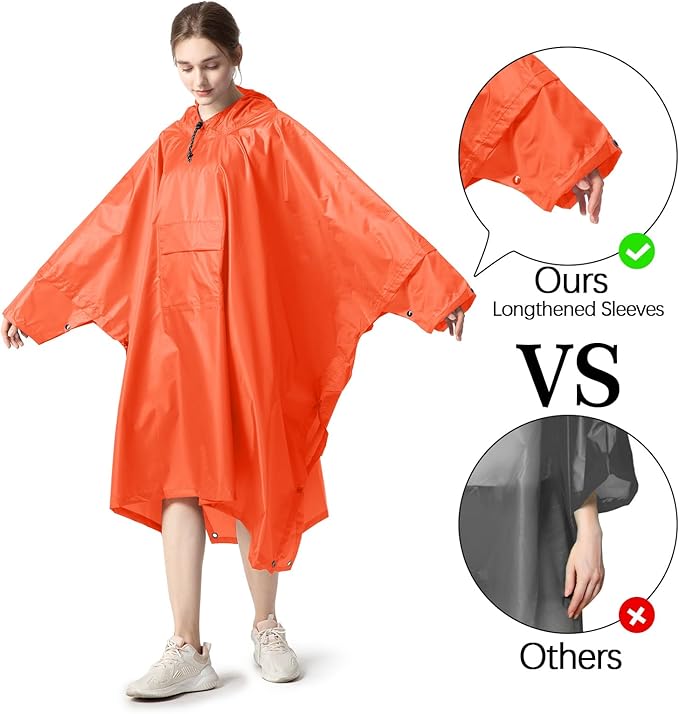 NUUR Rain Poncho for Women Adults Unisex Hooded Zipper Raincoat Waterproof Reusable Hiking Rain Coat with Pockets