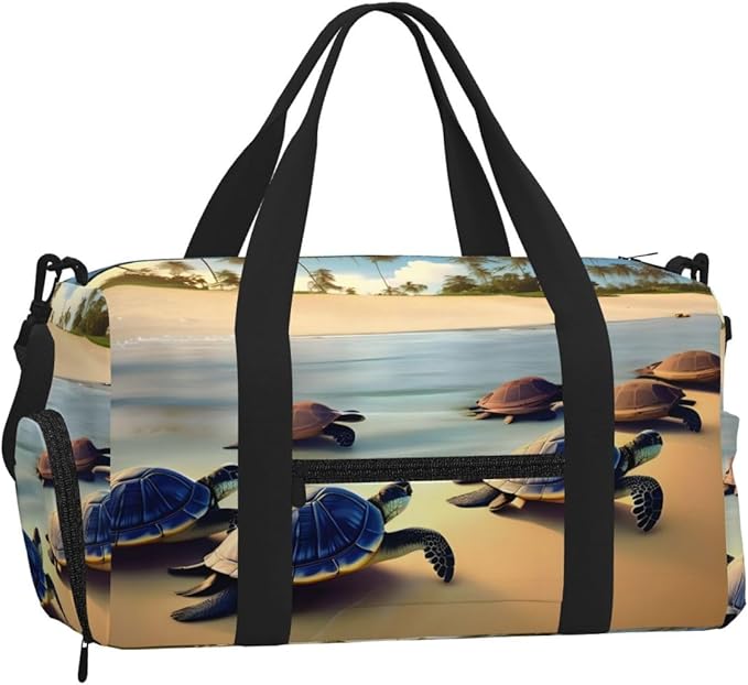 turtles on the beach Print Gym Bag with Shoe Compartment for Women Men, 17.7in Sports Duffle Weekender Tote, Overnight Travel Duffel Bag Carry On