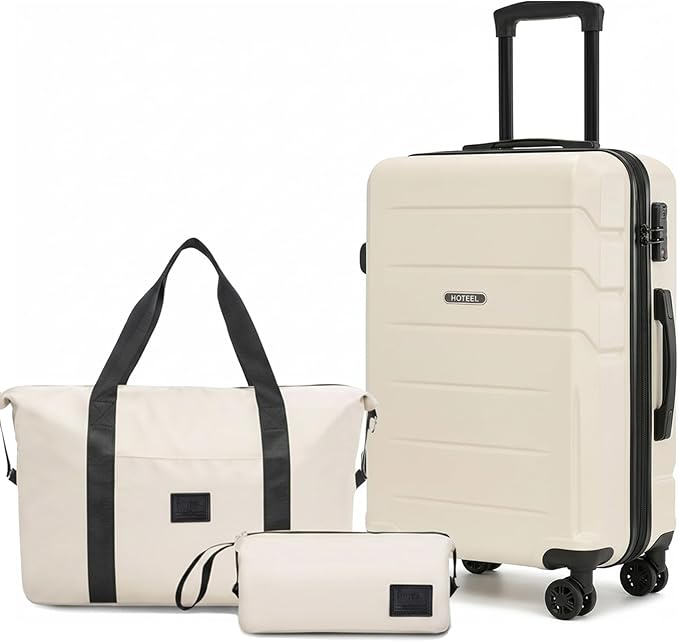 Hoteel Luggage Sets 3 Piece Expandable (4-YEARS WARRANTY) ABS+PC Hardshell Carry On Luggage Airline, Carry on Suitcase with Spinner Wheels & TSA Lock for Travel, Business, Beige (20in/DB/TB)