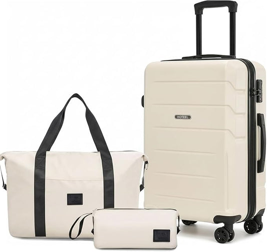 Hoteel Luggage Sets 3 Piece Expandable (4-YEARS WARRANTY) ABS+PC Hardshell Carry On Luggage Airline, Carry on Suitcase with Spinner Wheels & TSA Lock for Travel, Business, Beige (20in/DB/TB)