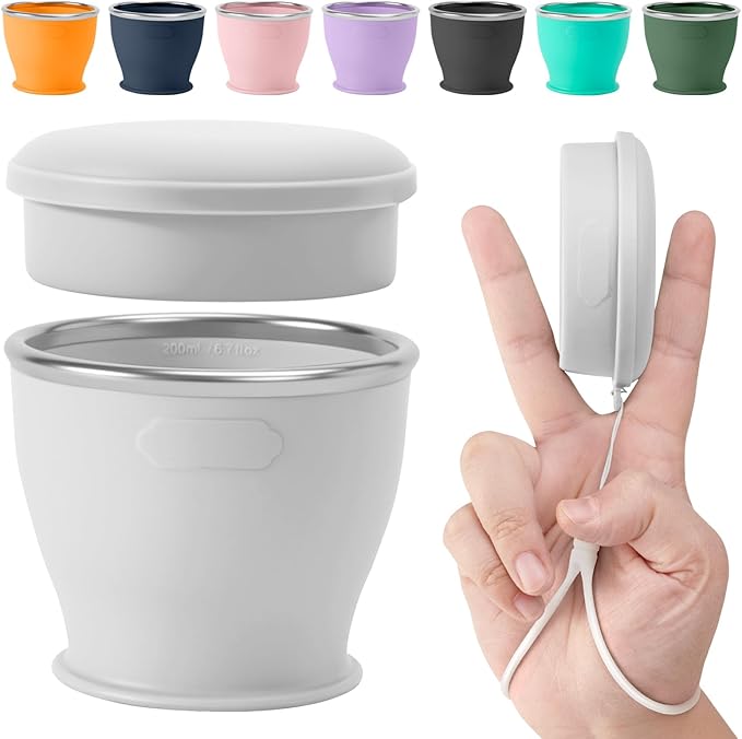 Collapsible Travel Cup, BPA-Free Reusable Water Cup, Lightweight Drinking Cups with Lids and Carrying Strap, Dishwasher Safe Silicone Cups for Camping, Travel, Airports, Hotel (6.7oz, Gray)