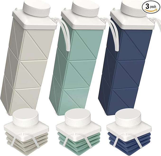 Collapsible Water Bottles 24.3oz, Foldable Travel Water Bottle, Portable & Lightweight, Leakproof & Reusable for Traveling Camping Hiking Sports School, 3 Pack, Dark Blue+Green+Starlight
