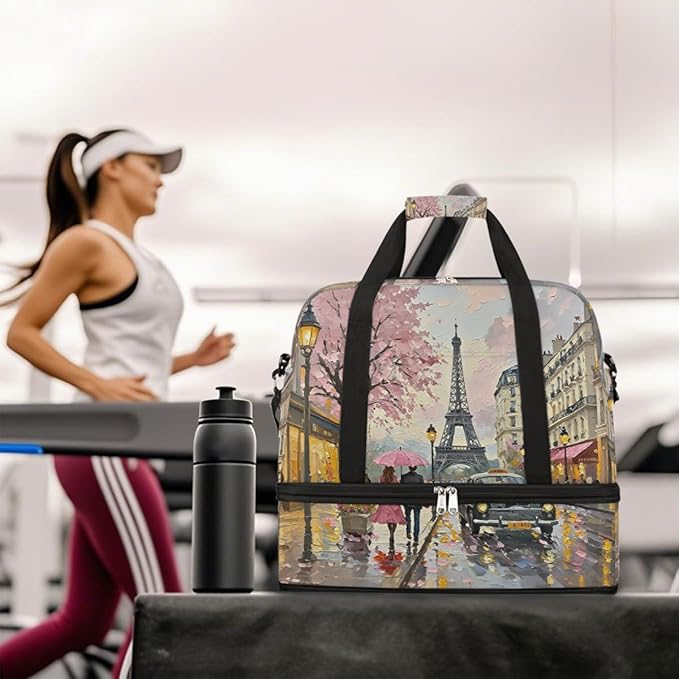 Foldable Travel Duffel Bag for Women - Carry on Personal Item Bag with Shoes Compartment, Weekender Overnight Duffle Bags Sport Tote Gym Luggage for Airplanes Traveling(Eiffel Tower)