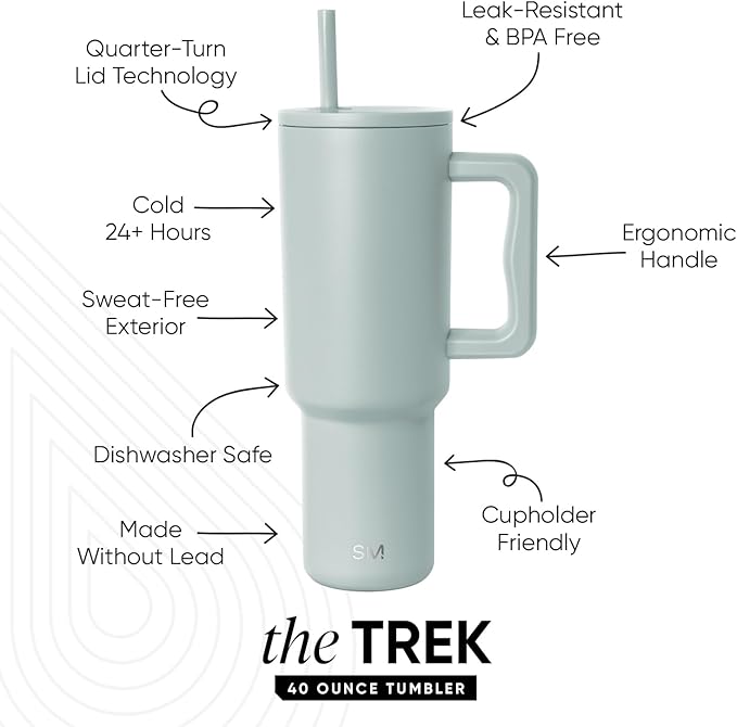 Simple Modern 40 oz Trek Tumbler with Handle and Straw Lid | Cup Holder Friendly Insulated Stainless Steel Travel Mug | Sea Glass Sage,(Pack of 12)