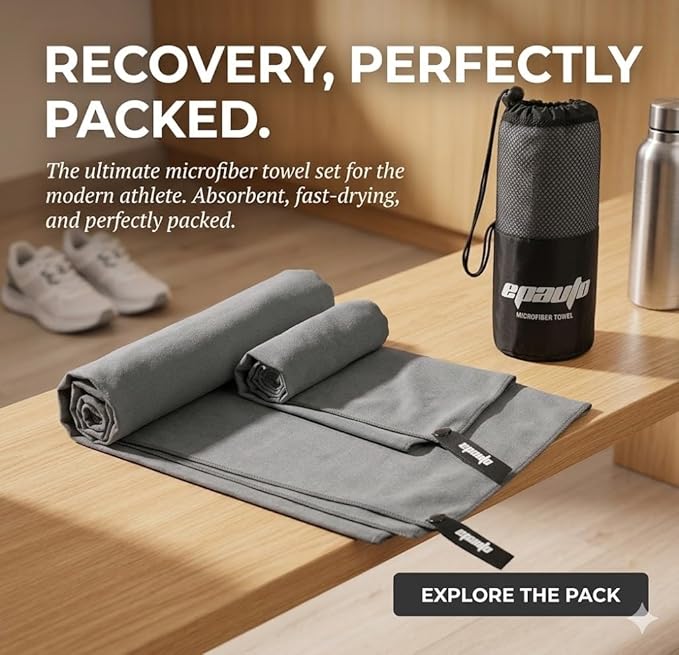 EPAuto Microfiber Fast Drying Towels 2-Pack (60" x 30", 24" x 15") for Travel, Gym, Camping, Beach and Backpacking, Gray