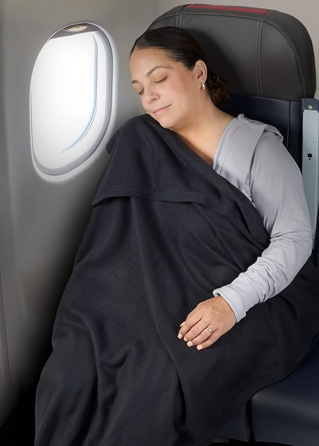 Brookstone Travel Blanket - 2-in-1 Jersey Knit Lightweight Throw Blanket with Carrying Pouch, Airplane & Car Travel Essentials, Blue