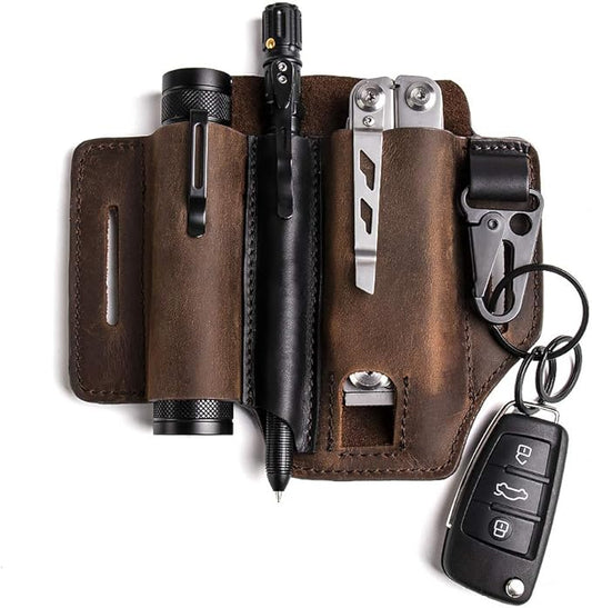 Gentlestache Multitool Sheath for Belt, Leatherman Sheath for Men, Leather EDC Pocket Organizer with Pen Holder, Key Fob, Flashlight Sheath, EDC Leather Pouch Darkbrownn