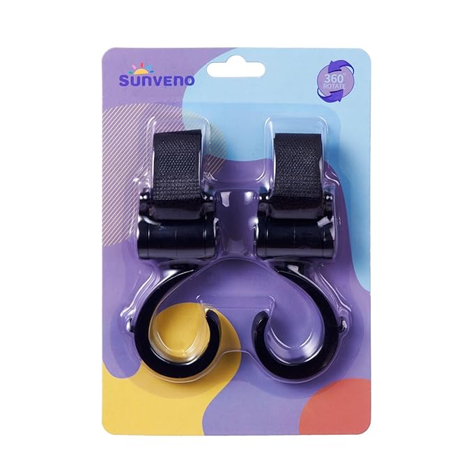 SUNVENO Stroller Hooks 2 Pack, 360° Rotating Universal Stroller Clips with Adjustable Straps, Heavy Duty Bag Holders for Diaper Bags, Purses, Groceries and Travel Use
