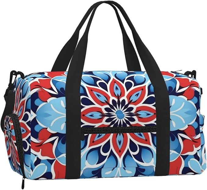 Sports Gym Bag Blue Red Mandala Ethnic Floral Travel Duffel Bag With Shoe Compartment Shoulder Strap, Lightweight Water-Resistant Weekend Overnight Totes For Women Men