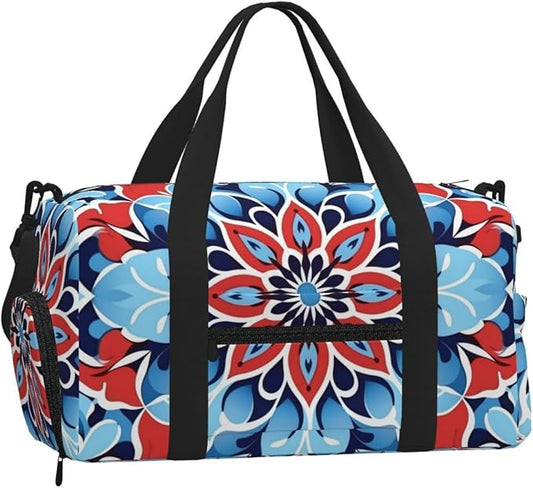 Sports Gym Bag Blue Red Mandala Ethnic Floral Travel Duffel Bag With Shoe Compartment Shoulder Strap, Lightweight Water-Resistant Weekend Overnight Totes For Women Men