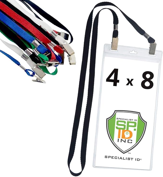 5 Pack - Extra Large 4 x 8 Inch Ticket & Event Credential Badge Holders with No Twist Double Sided Lanyards with Two Bulldog Clips, by Specialist ID (Assorted Colors)