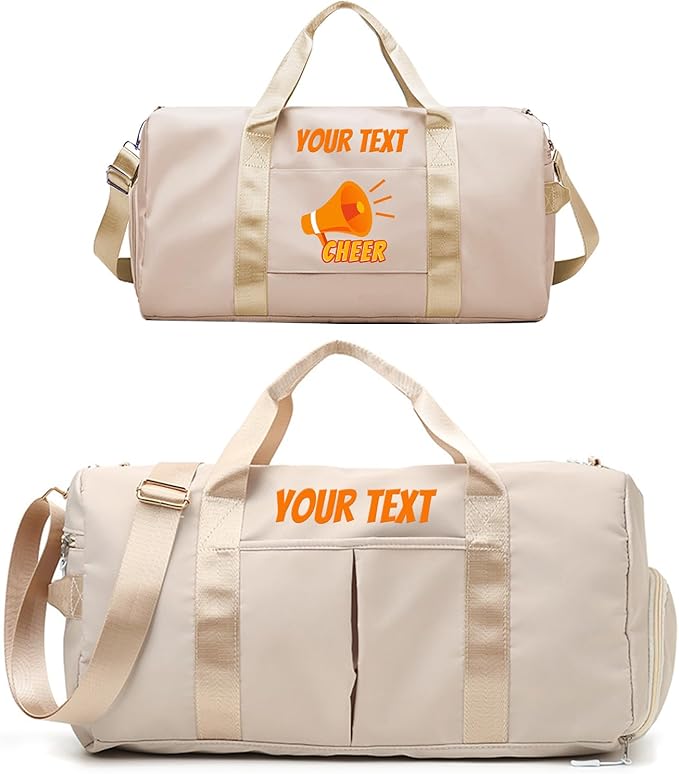 Custom Duffle Bag, Personalized Embroidered Sports Gym Bag for Women/Men, Travel Bag with Double-Sided Customization and Separate Wet and Dry Pockets and Shoe Bags-Off-white
