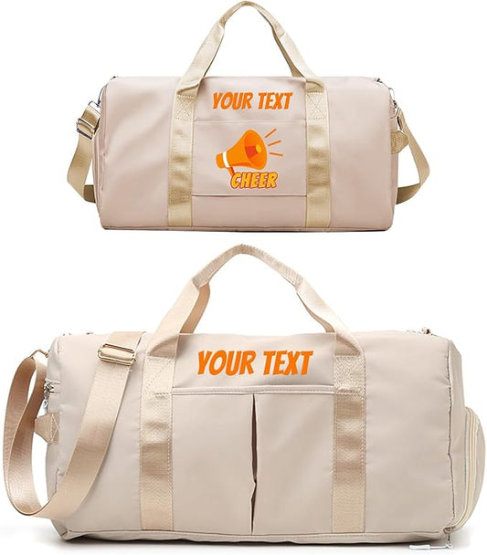 Custom Duffle Bag, Personalized Embroidered Sports Gym Bag for Women/Men, Travel Bag with Double-Sided Customization and Separate Wet and Dry Pockets and Shoe Bags-Off-white