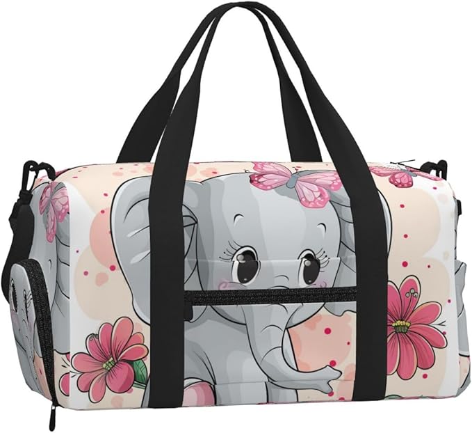 Sports Gym Bag Cute Elephant Pink Flower Butterfly Travel Duffel Bag With Shoe Compartment Shoulder Strap, Lightweight Water-Resistant Weekend Overnight Totes For Women Men