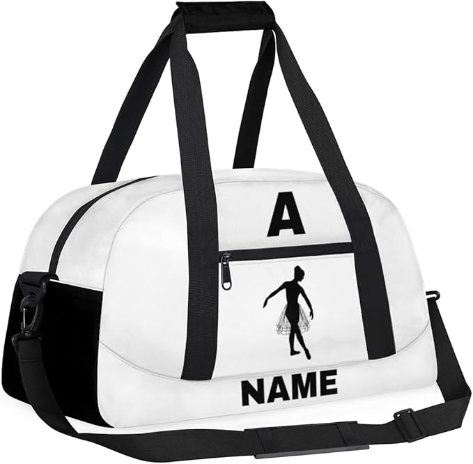 Personalize-Kids-Sports-Duffel-Bags With Custom Name Text Carry-On Overnight Travel Gym Lightweight Dance Pattern Sports Bags For Girls Boys Kids,White