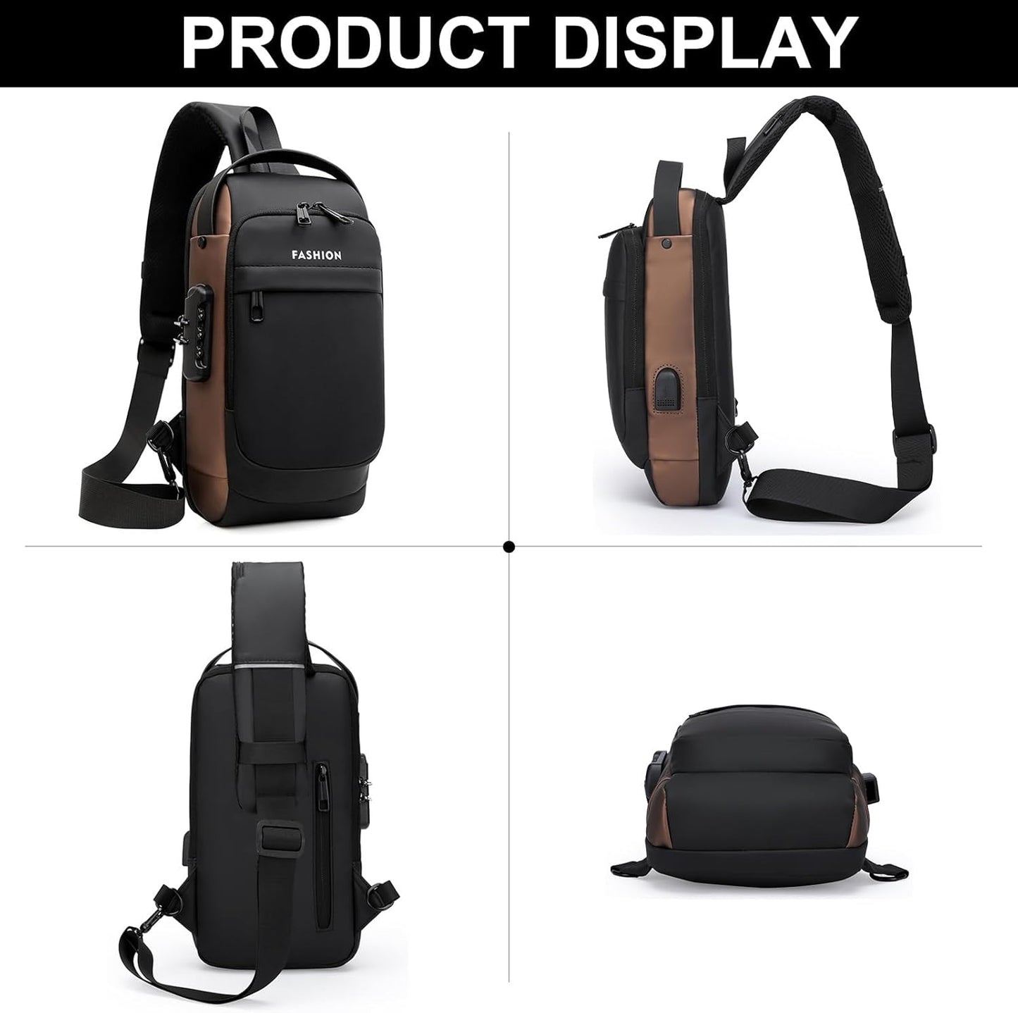 Sling Bag for Men Anti-theft USB Crossbody Shoulder Backpack Purse Waterproof PU Leather Chest Bag Travel Daily Use
