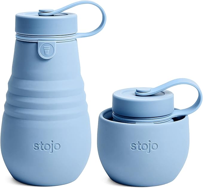 STOJO Jr Collapsible Bottle for Kids - Steel Blue, 14oz / 400ml - Leak-Proof Reusable Silicone Travel Cup for Hot & Cold Drinks -On-The-Go Camping & Hiking - Microwave & Dishwasher Safe