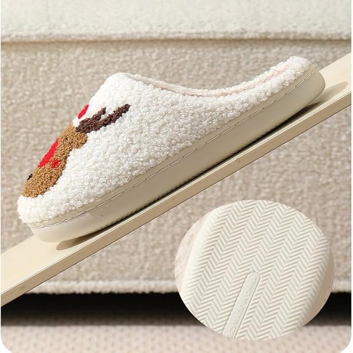 Unisex Xmas Elk Shoes Santa Reindeer Cute Strawberry Cartoon Christmas Tree Pink Bow Memory Foam Soft Plush House Slippers Indoor/Outdoor