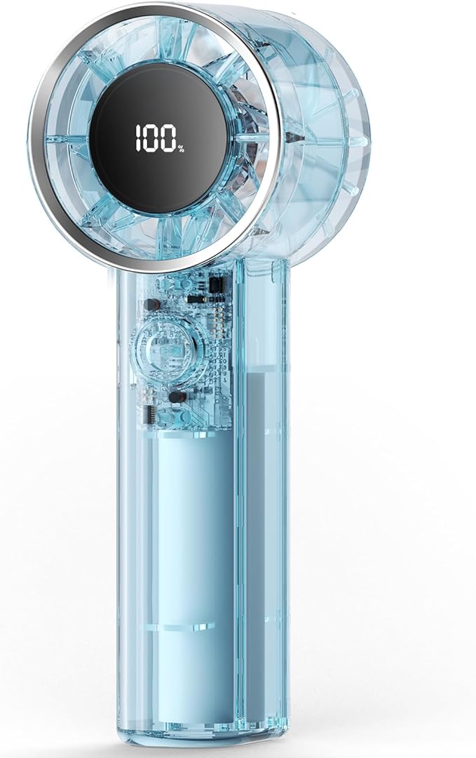 TriPole Transparent Portable Handheld Fan, High Speed 1-100 Adjustable Turbo Mini Fan, 4000mAh Battery USB Rechargeable with Digital Display, Max 20H Cooling Time Outdoor Travel Beach Essentials, Blue