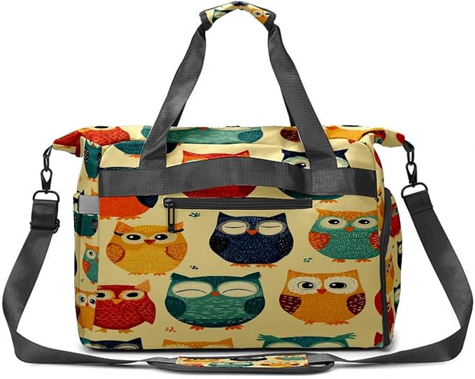 Playful Owl Yellow Gym Bag for Women & Tennis Bag, Large Sports Duffel Bag Waterproof with Ventilated Shoe Compartment & Front Racket Sleeve, Lightweight Travel Weekender Overnight Bag