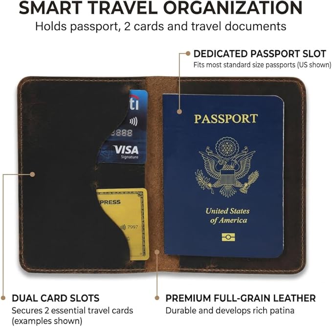Rustique Leather Passport Holder Collection - Handmade Travel Wallet & Organizer - Full Grain Crazy Horse Leather Covers for Men & Women (Multiple Styles) (Executive Wallet - Smoky Bourbon)