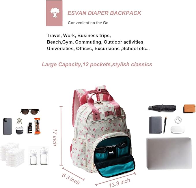 Diaper Bag Backpack, Large Capacity Multifunction Baby Essentials Fashion Travel Pack Linen Canvas office Laptop Bag (Corduroy Cute Flower)
