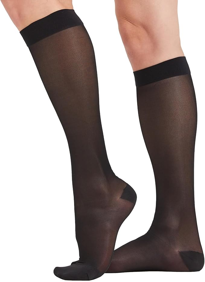 2 Pairs Sheer Compression Socks for Women - 15-20 mmHg Knee High Sheer Compression Stockings for Support Circulation Swelling Edema Work Office Travel, Black, Large
