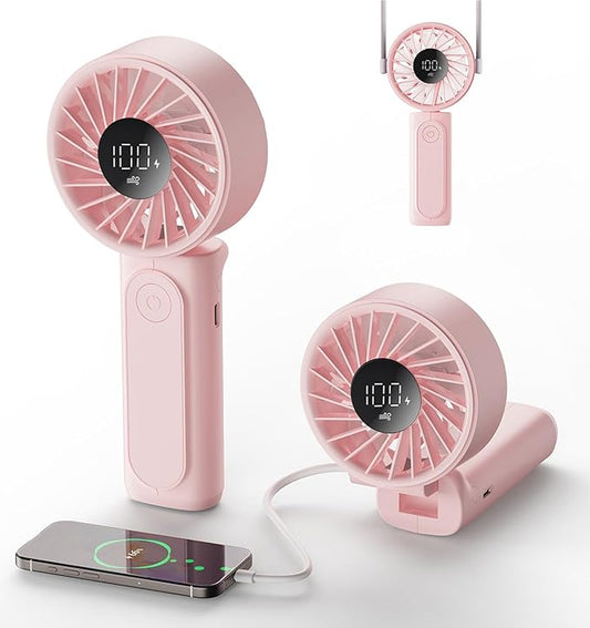 Handheld Portable Fan, 4000mAh USB Rechargeable Personal Fan, 180° Foldable Mini Desk Fan with 6 Wind Speed, LCD Digital Display, Lanyard as Neck Fan, Ultra Quiet