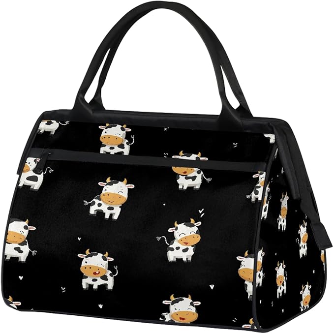 Gym Bag for Women Men, Cute Cartoon Black Cow Sports Duffel Bags, Waterproof Travel Weekender Overnight Carry On Tote Bags for Travel Sports