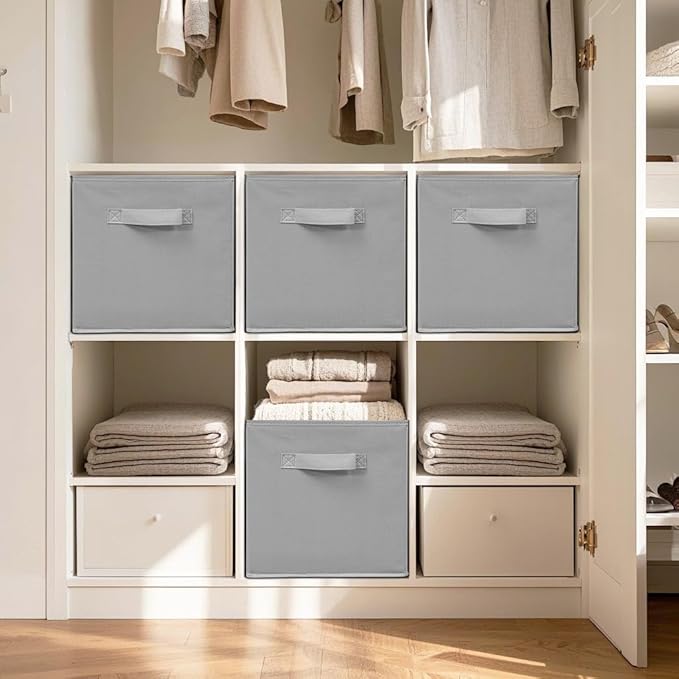 11 Inch Fabric Storage Cubes, Sturdy Foldable Storage Bins, Heavy Duty Cube Organizer for Clothes, Blankets, Shelves, Closets, Bedroom, Living Room, Gray, 9 Pack