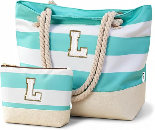 Vavabox Initial Beach Tote Bag for Women, Water-resistant Foldable Travel Beach Bag Set, Birthday Gifts for Women Mom