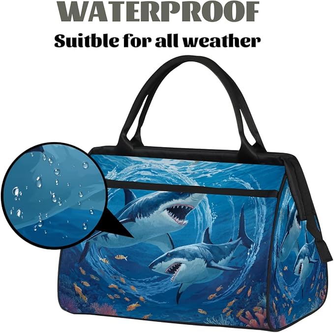 Underwater Shark Travel Duffel Bag, Waterproof Sports Gym Duffle Bag, Large Capacity Weekender Carry On Overnight Bags for Women Men