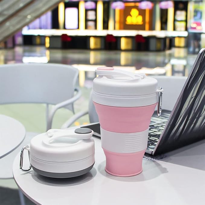 Collapsible Camping Cup with Straw Silicone Folding Coffee Cup Sport Bottle Portable Travel Outdoor Car 16oz 20oz (Pink-600ml)