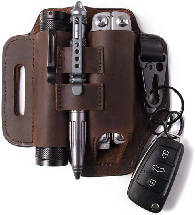 Gentlestache Multitool Belt Sheath, EDC Leather Belt Organizer, Belt Holder with Multitool Pouch, Flashlight Holder, Pen Holder and Keychain Clip, Practical EDC Belt Pouch for Men